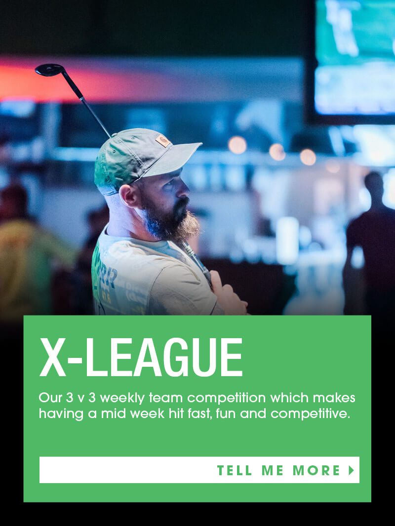 man hitting golf club x-league X-Golf Simulator